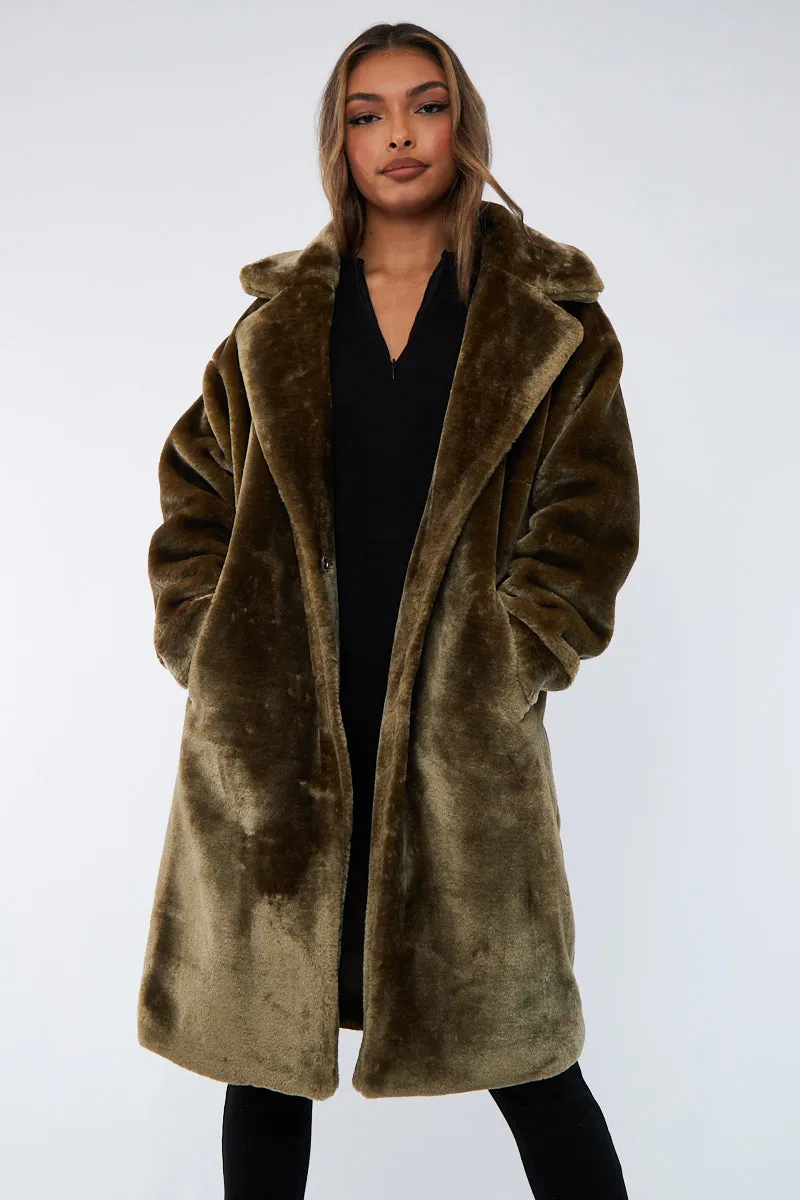 Olive Mid Length Faux Fur Coat - North