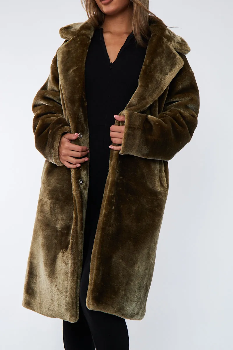 Olive Mid Length Faux Fur Coat - North