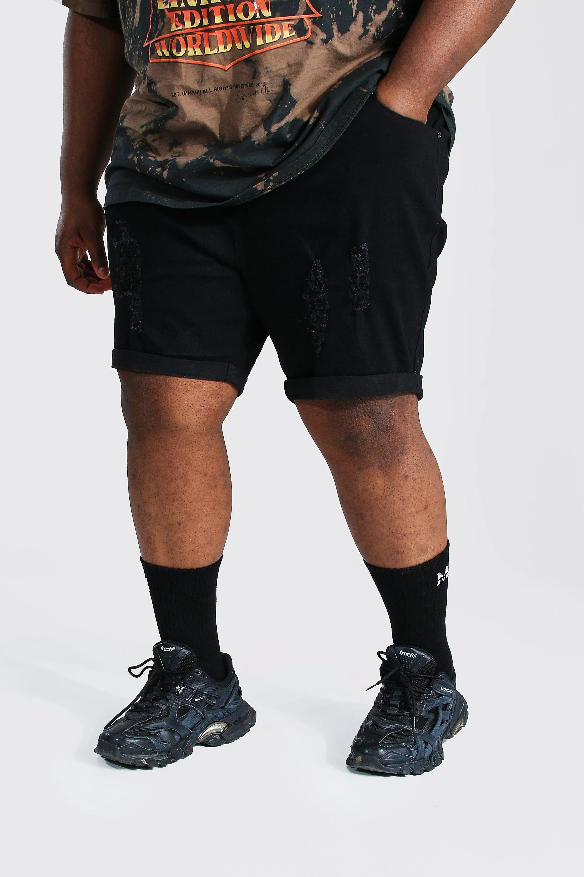 Plus Size Skinny Distressed Denim Short | boohooMAN UK