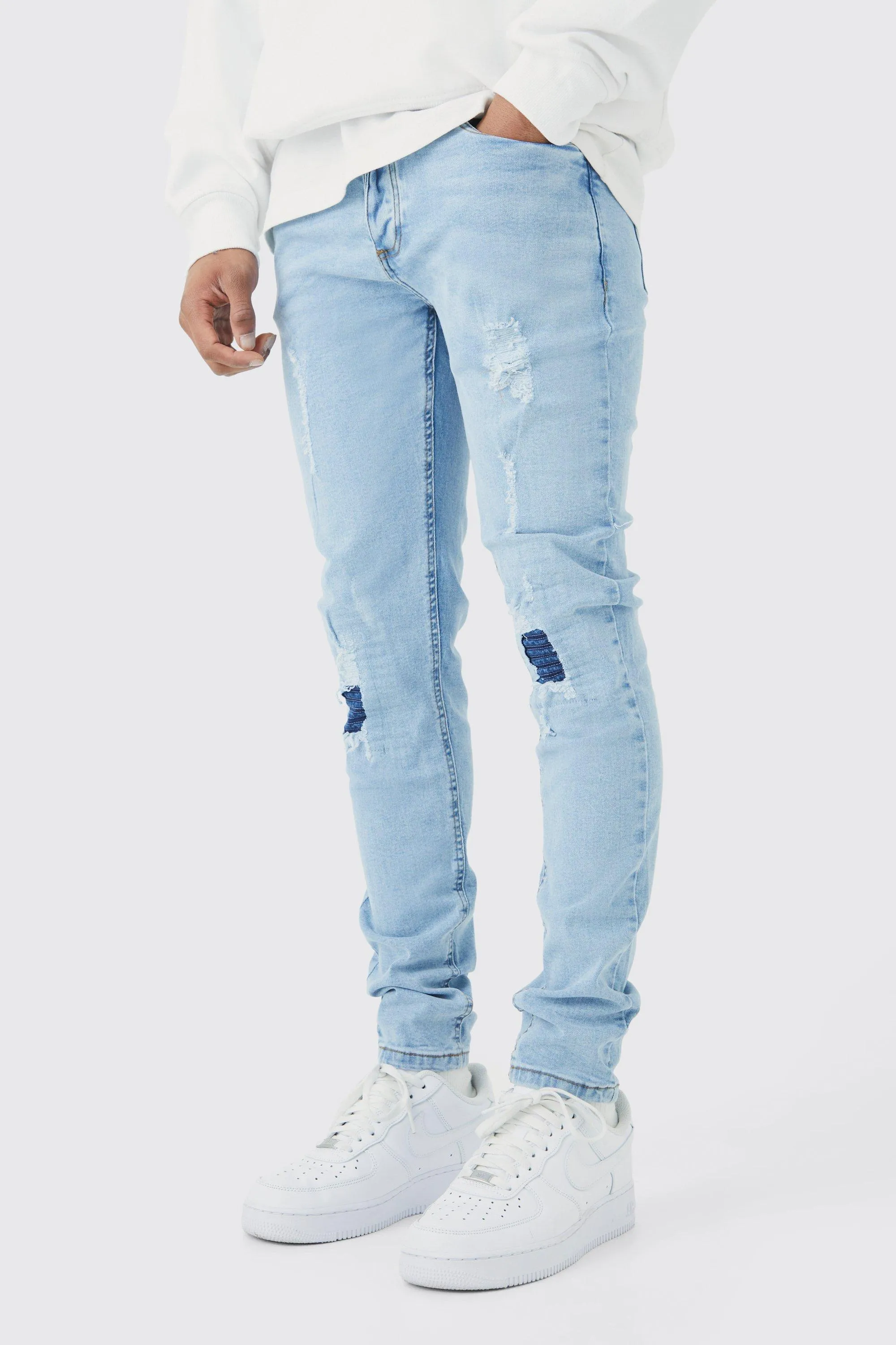 Skinny Stretch Denim Biker Rip & Repair Jeans | boohooMAN UK