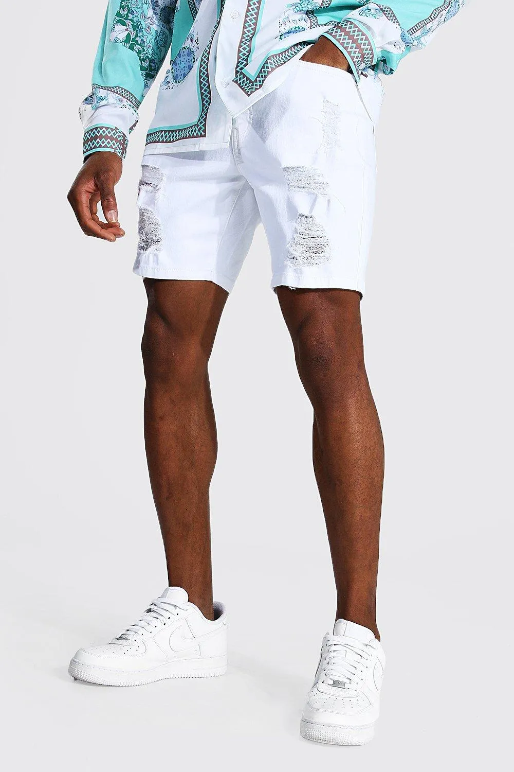 Skinny Stretch Heavily Distressed Denim Short | boohooMAN UK