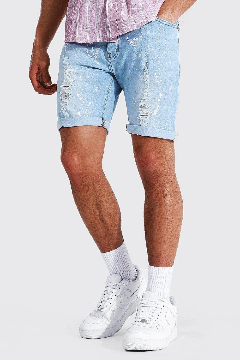 Skinny Stretch Paint Splatter Denim Short | boohooMAN UK