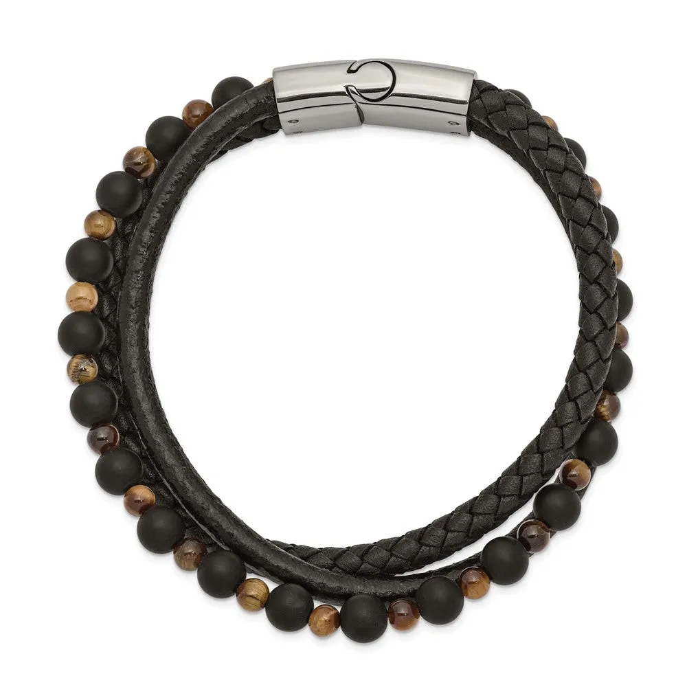 Stainless Steel, Tiger's Eye/Black Agate & Leather Bracelet, 8.25 Inch