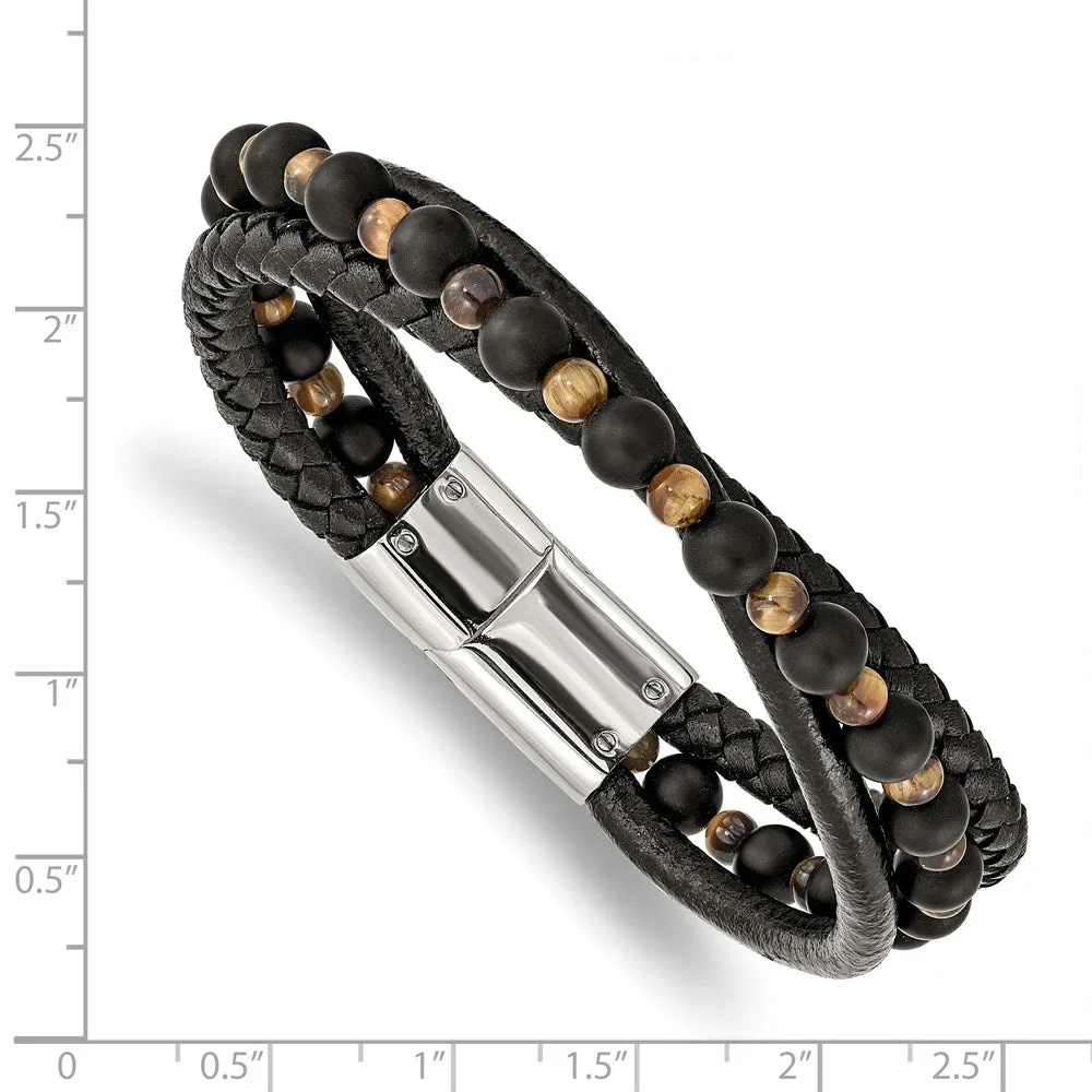 Stainless Steel, Tiger's Eye/Black Agate & Leather Bracelet, 8.25 Inch