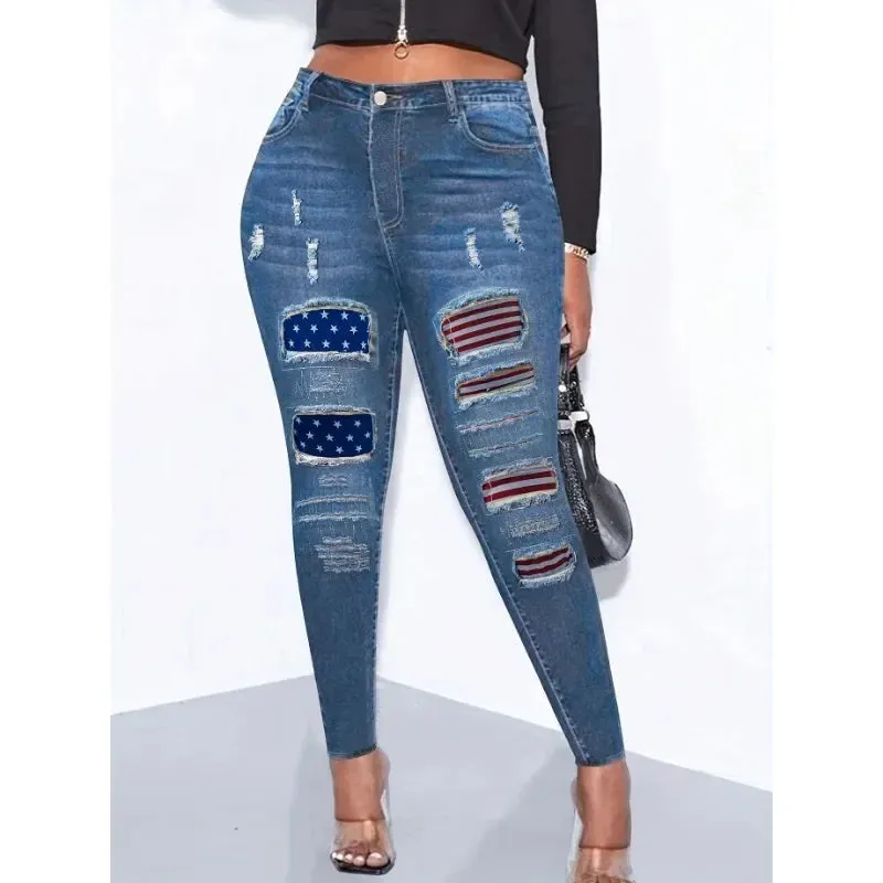 Streetwear Style Patchwork Pattern Denim Skinny Pants for Women