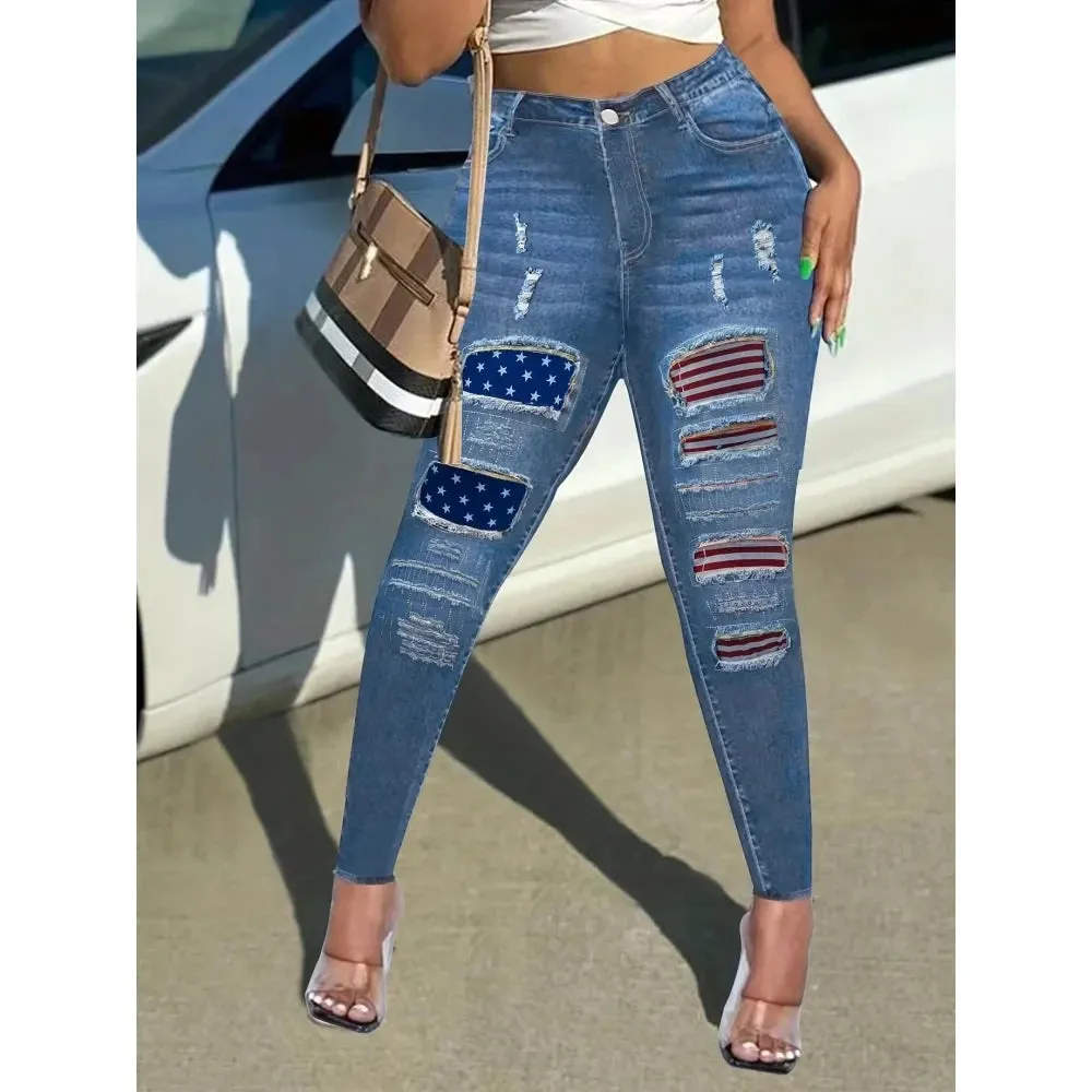 Streetwear Style Patchwork Pattern Denim Skinny Pants for Women