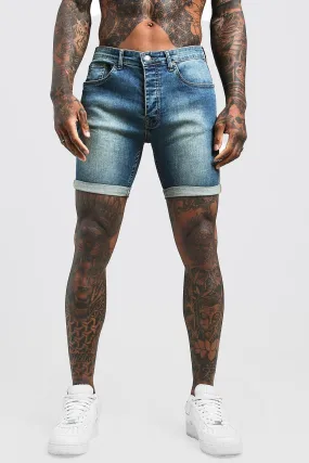 Stretch Skinny Fit Antique Wash Denim Short | boohooMAN UK