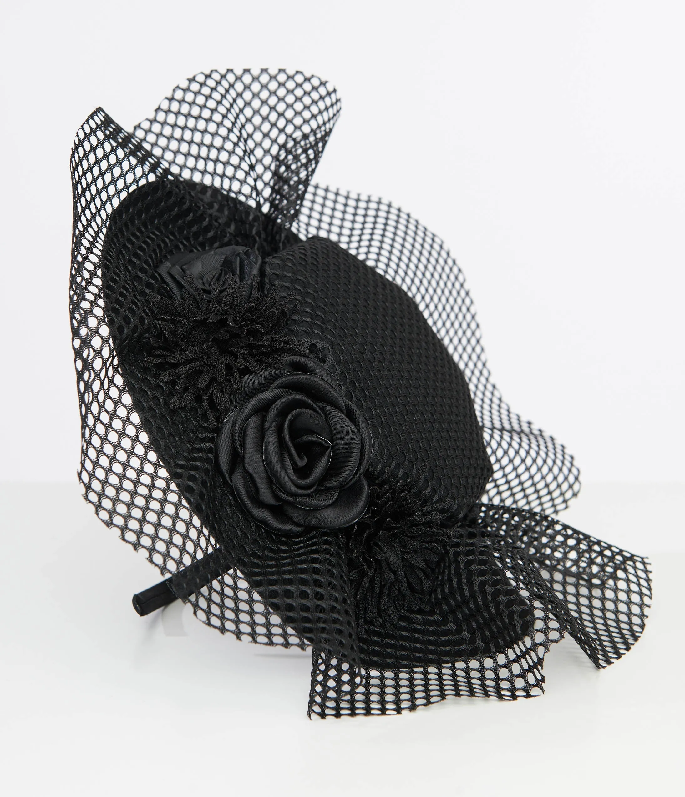 Unique Vintage 1930s Black Floral & Mesh Fascinator