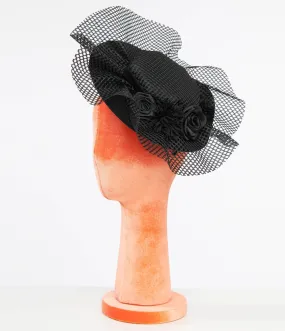 Unique Vintage 1930s Black Floral & Mesh Fascinator