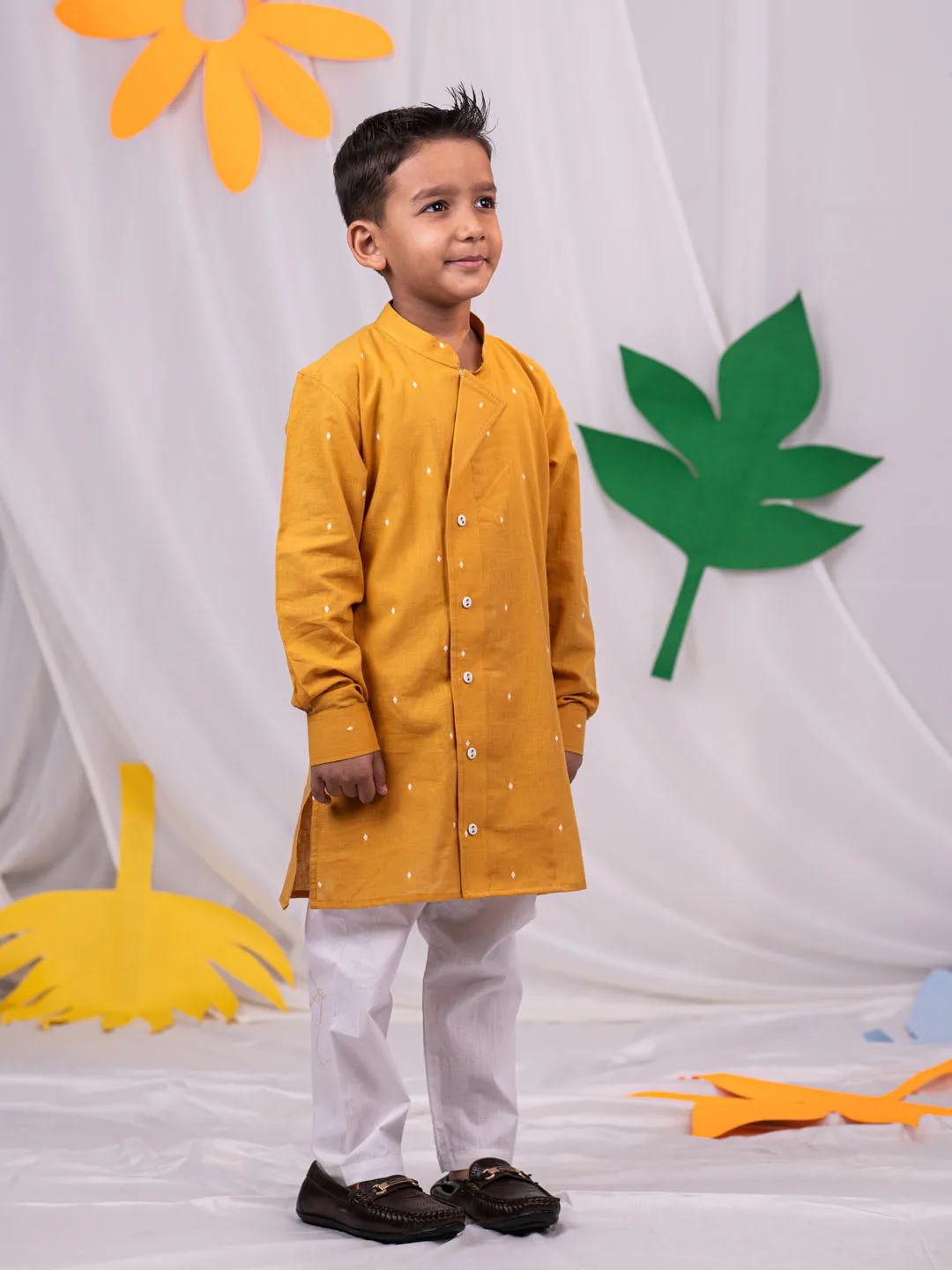 VASTRAMAY Boys' Mustard Self Design Kurta Pyjama Set