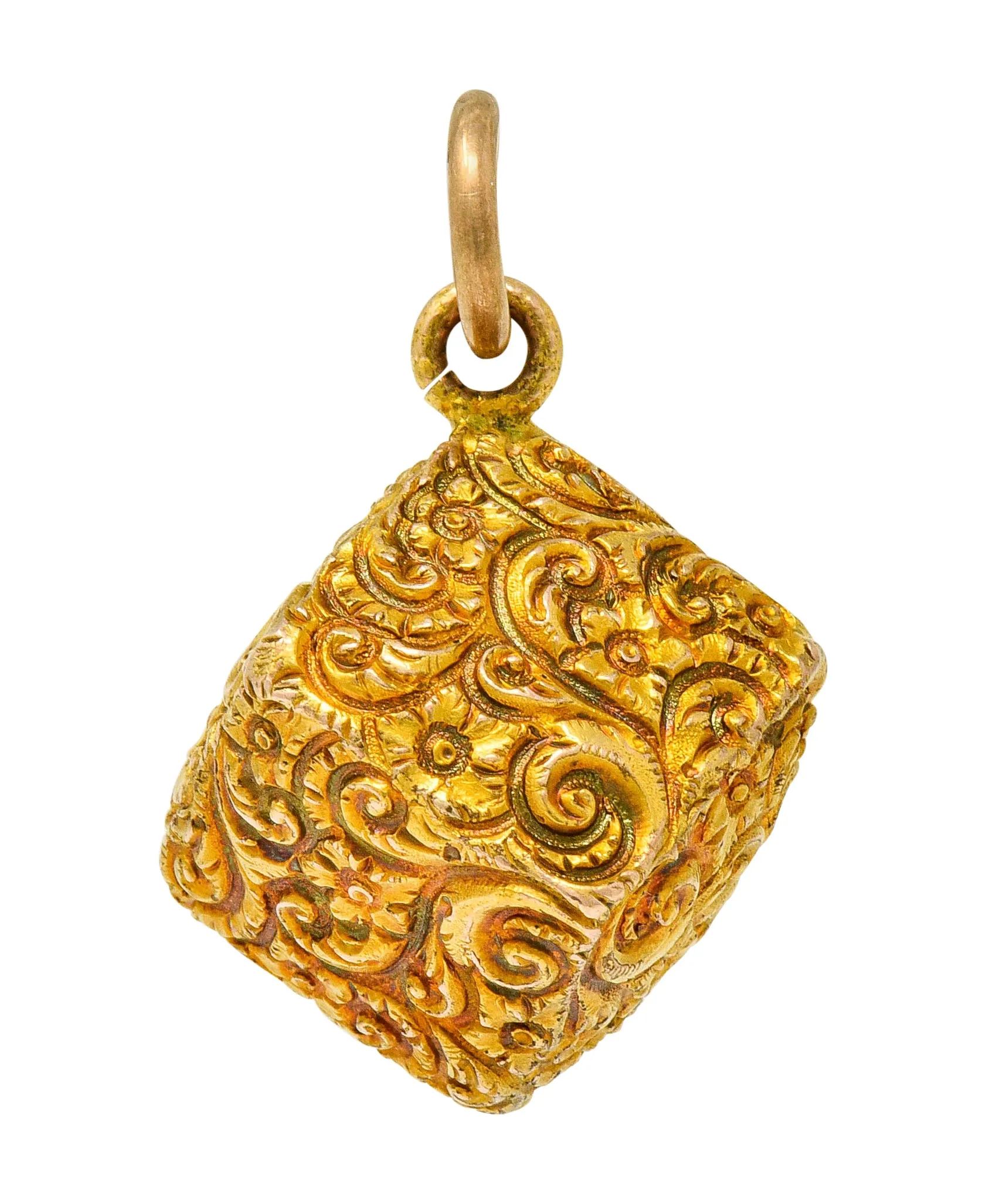 Victorian 14 Karat Gold Floral Foliate Cube Pendant Charm