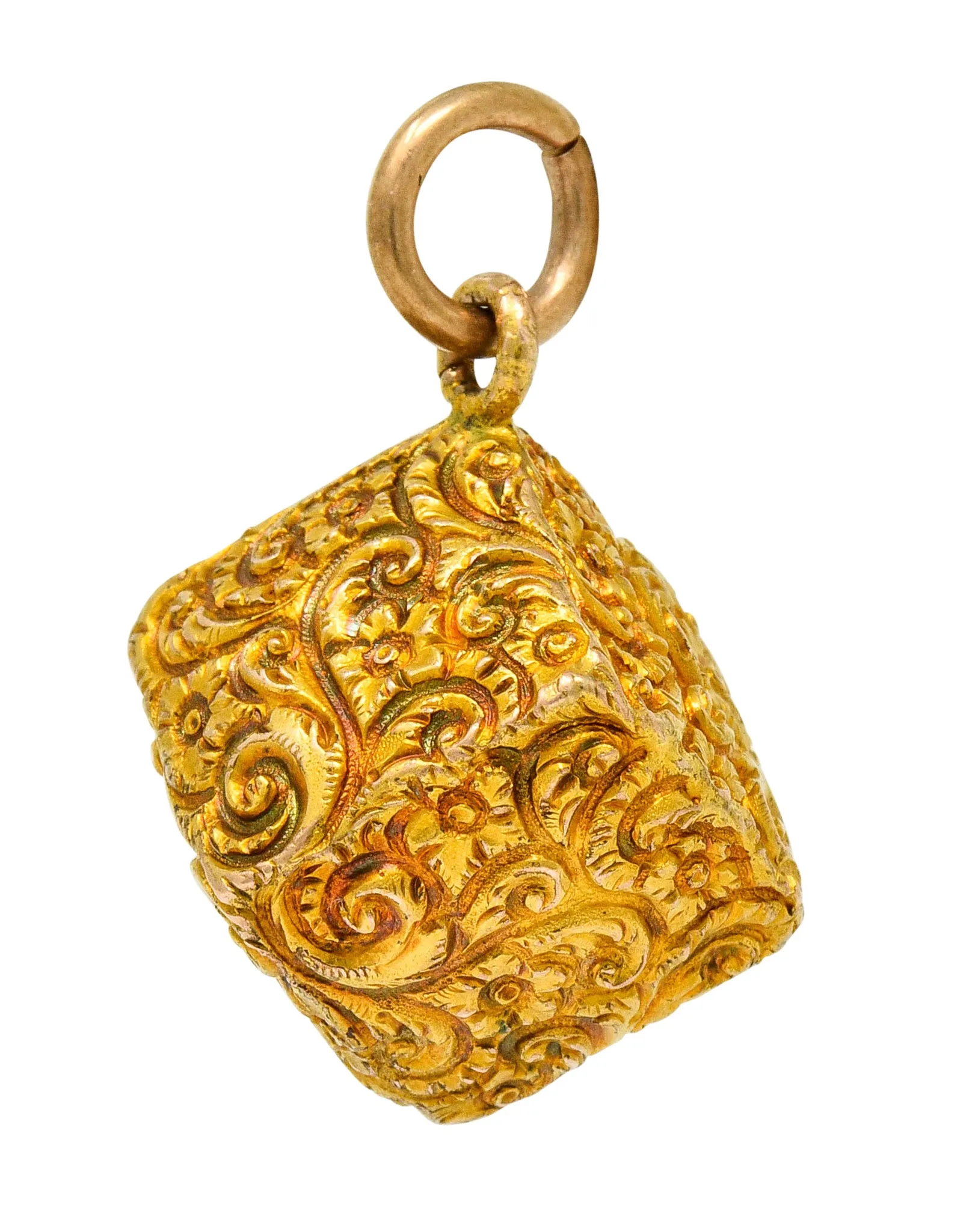 Victorian 14 Karat Gold Floral Foliate Cube Pendant Charm