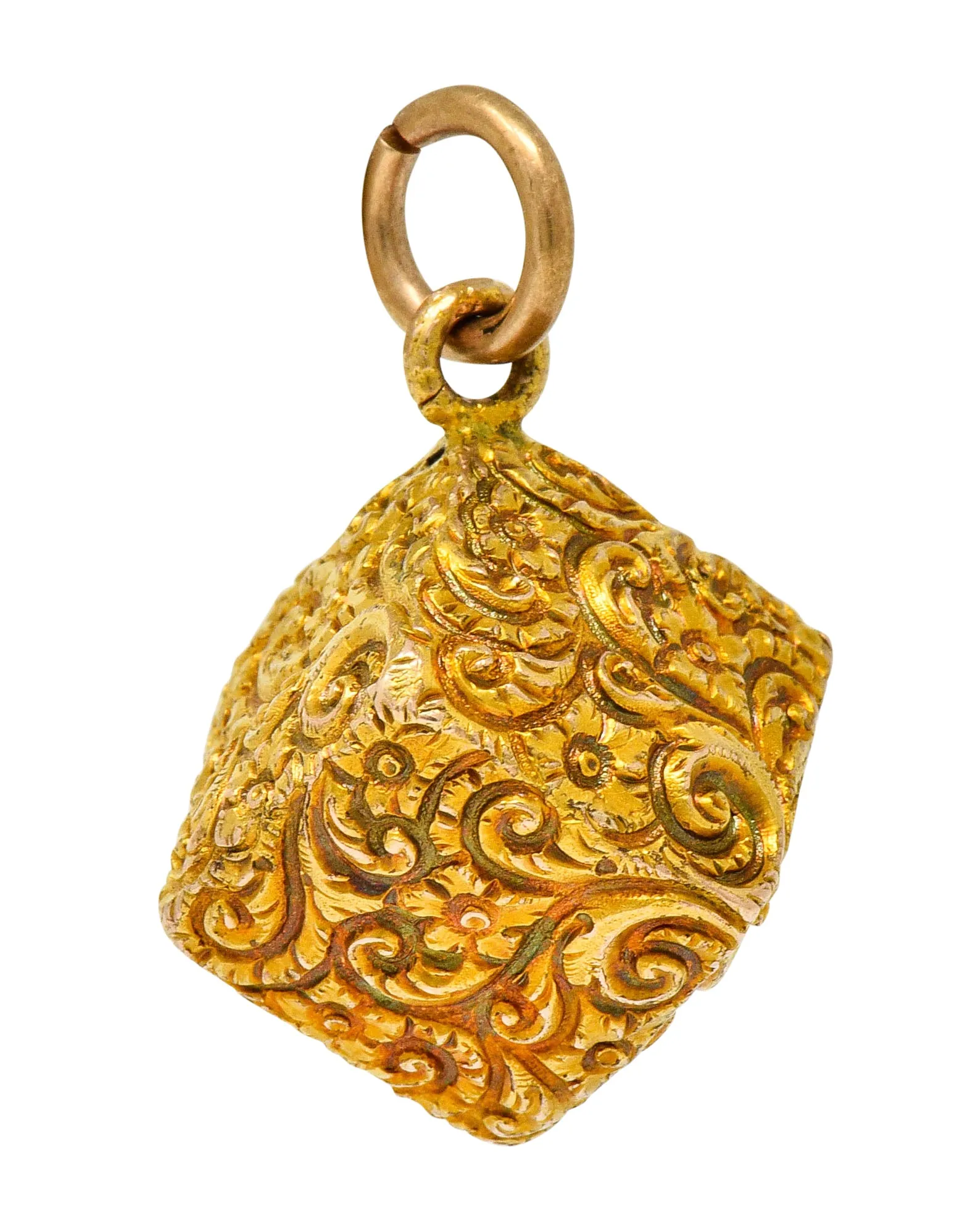 Victorian 14 Karat Gold Floral Foliate Cube Pendant Charm