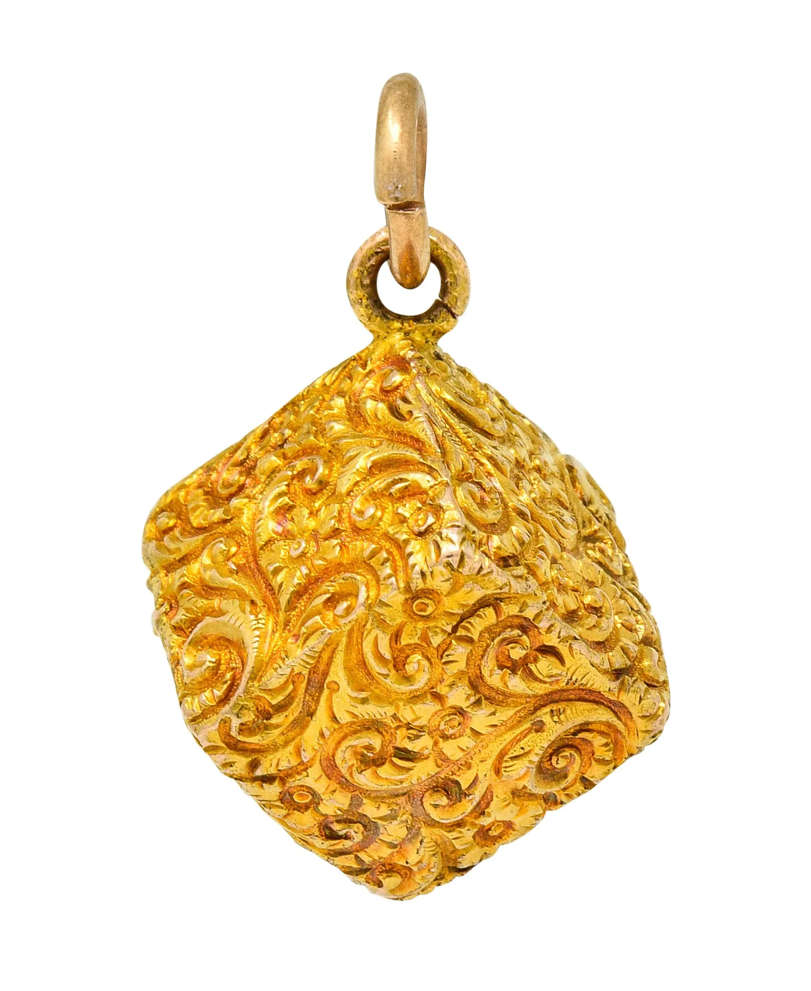 Victorian 14 Karat Gold Floral Foliate Cube Pendant Charm