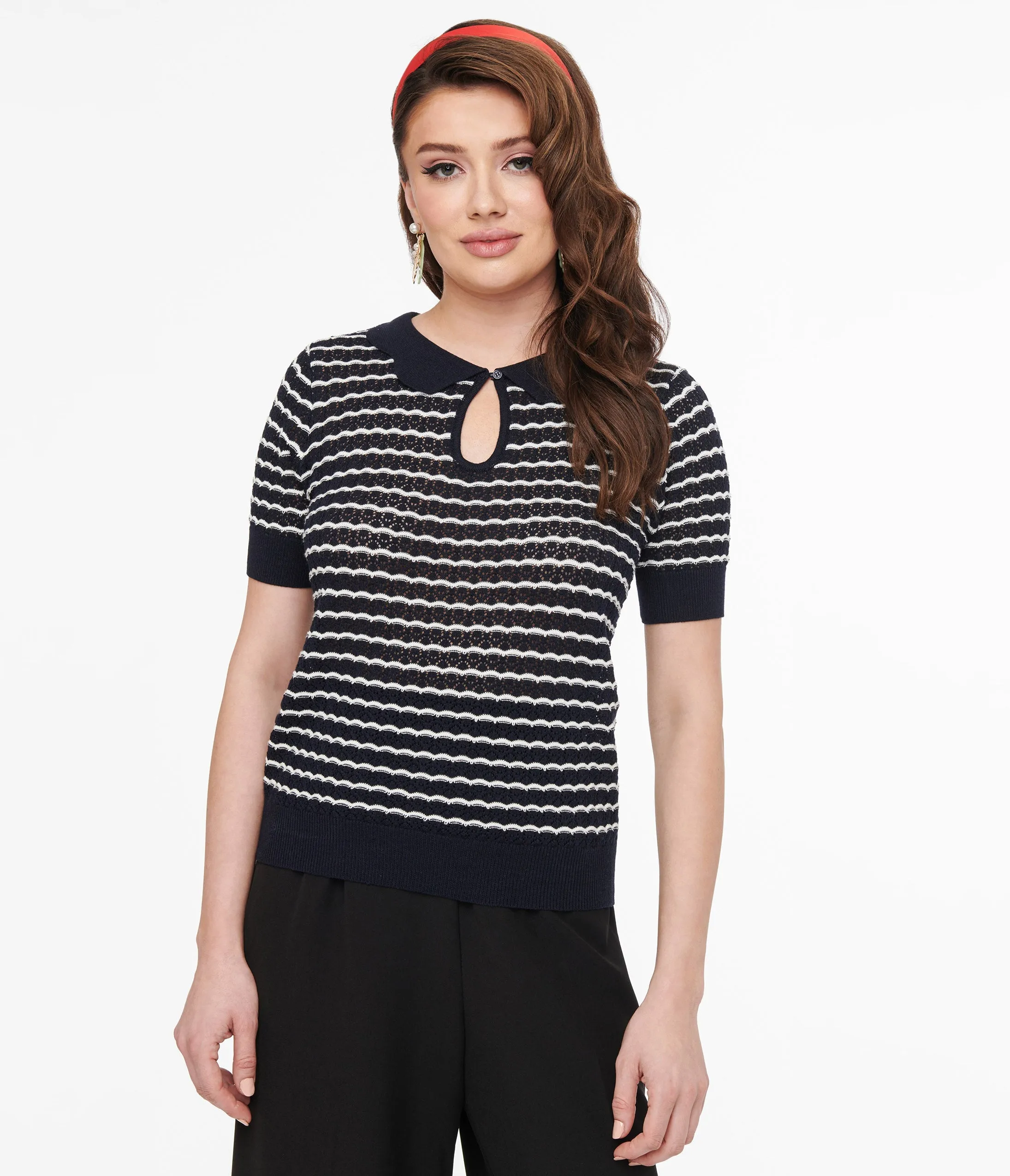 Voodoo Vixen 1950s Navy & White Scallop Stripe Top