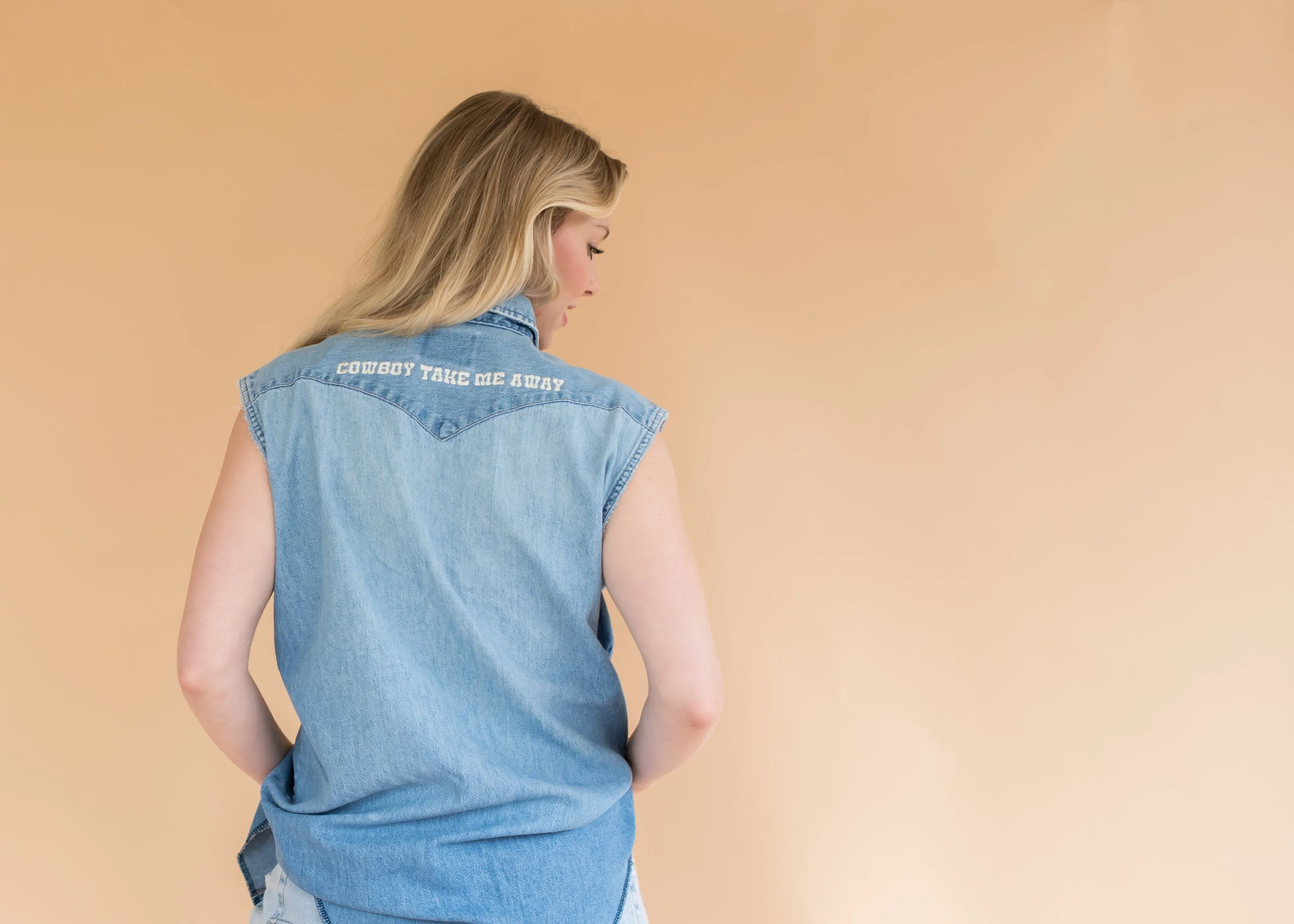 Women’s Vintage Denim Shirt Vest with Pearl Snap Buttons