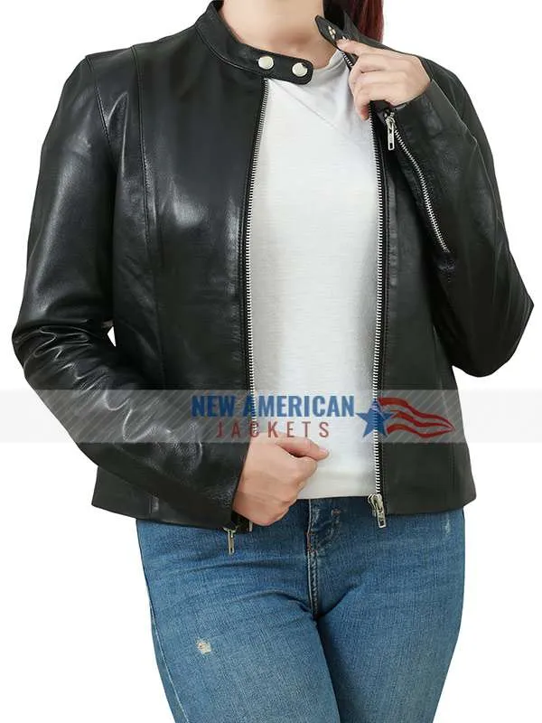 Womens Zipper Front Black Snap Tab Collar Leather Jacket