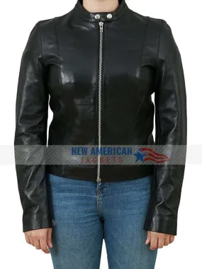 Womens Zipper Front Black Snap Tab Collar Leather Jacket