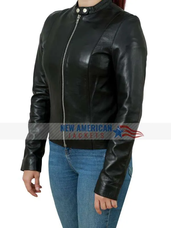 Womens Zipper Front Black Snap Tab Collar Leather Jacket