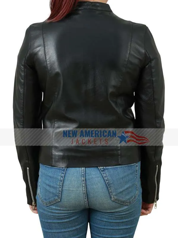 Womens Zipper Front Black Snap Tab Collar Leather Jacket