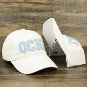 Youth Light Blue OCNJ Wordmark Pink Outline Dad Hat | Youth White Dad Hat