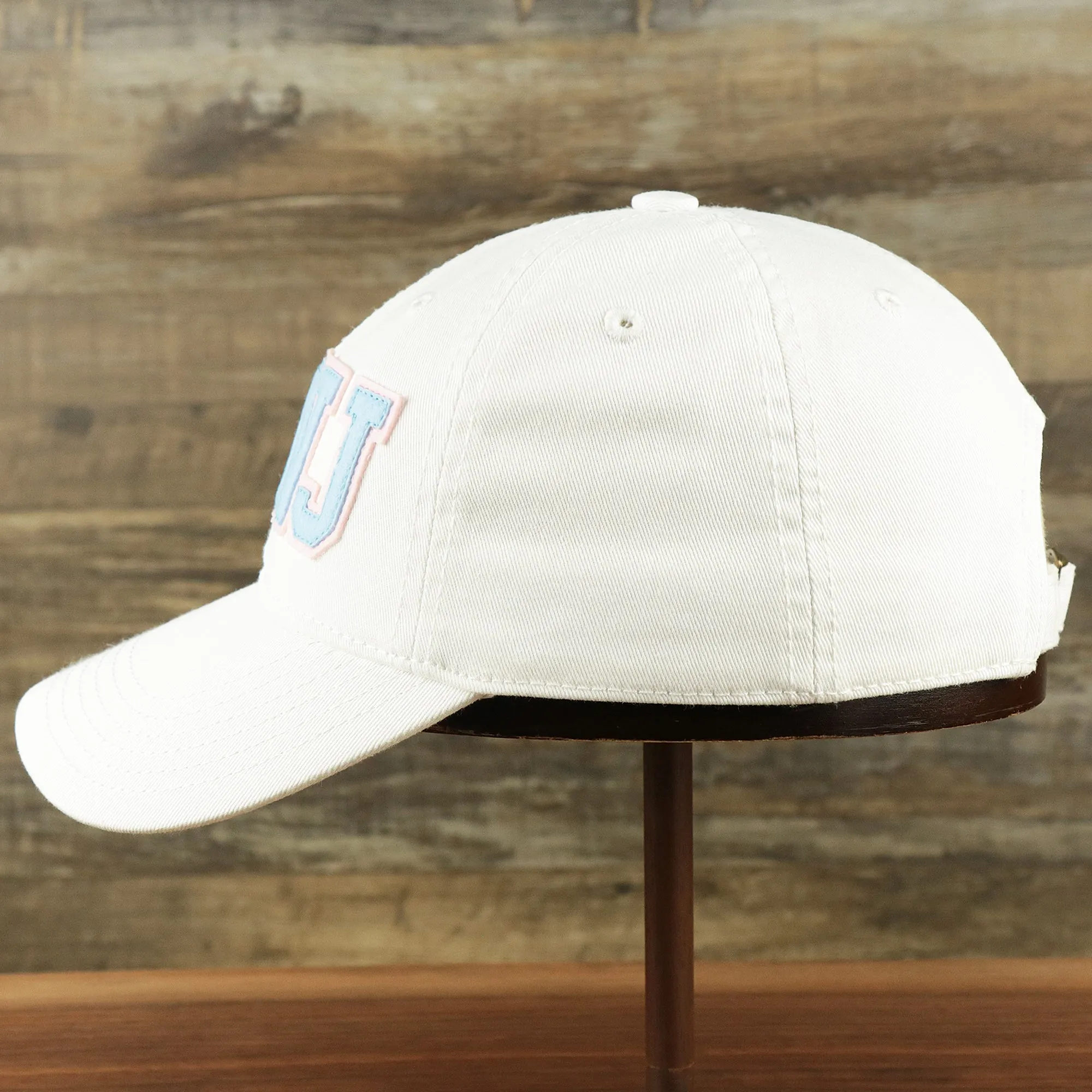 Youth Light Blue OCNJ Wordmark Pink Outline Dad Hat | Youth White Dad Hat